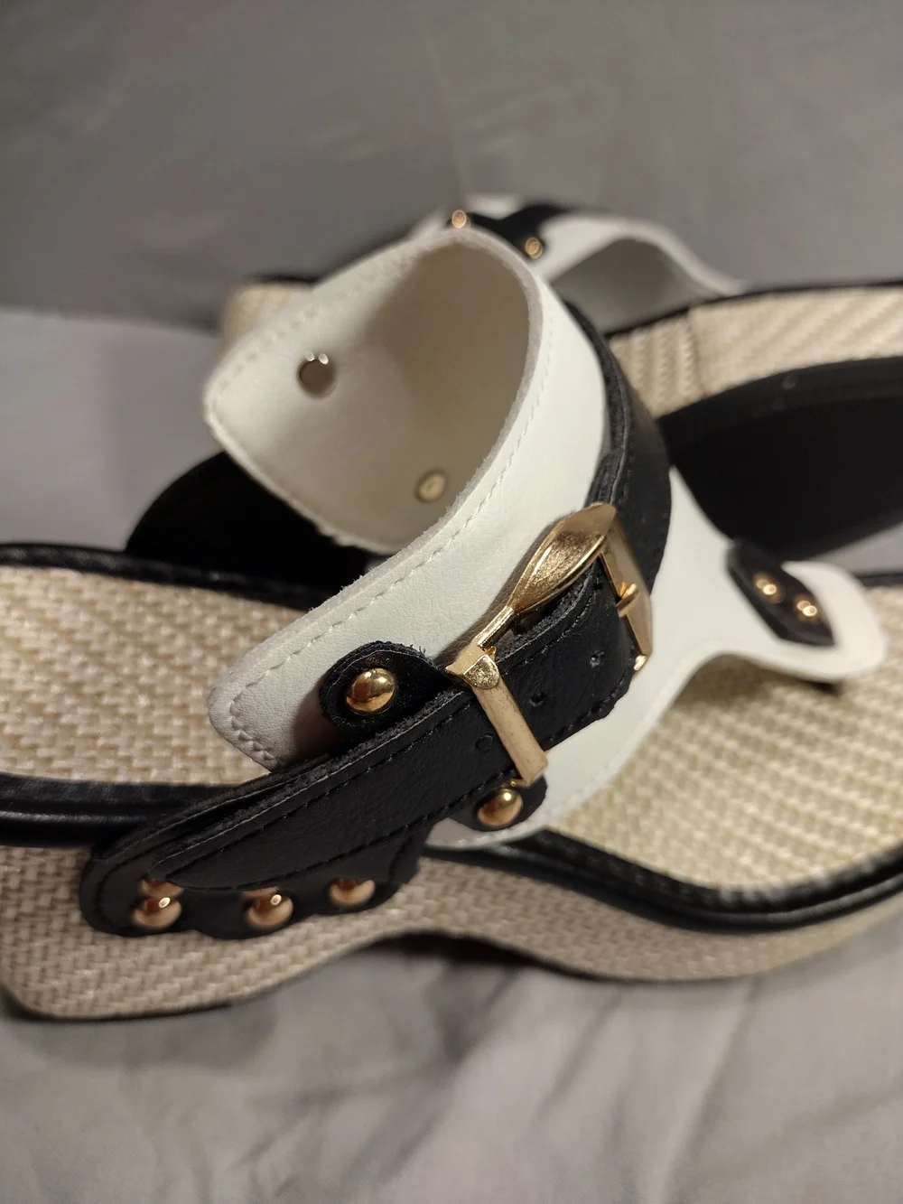 White and Black Wedge Thong Sandals